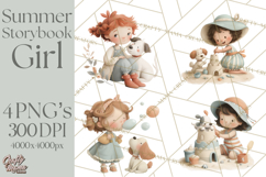 Little Girl Summer Clipart, Vintage Storybook Girl PNG Product Image 1
