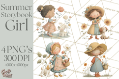 Little Girl Summer Clipart, Vintage Storybook Girl PNG Product Image 1