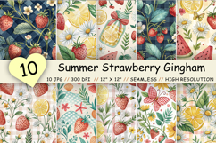 Summer Strawberry Gingham Digital Paper, Seamless Watercolor Fruit Pattern Pack, Printable Scrapbook Paper, Bright Season Design Bundle