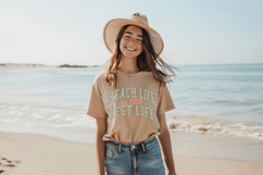 Close-up of vintage-style beach quote SVG featuring bold outlined block letters with a slightly distressed texture and soft coastal color palette, ideal for DIY apparel and vinyl cutting projects.