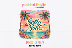 Colorful tropical beach graphic with sunset over ocean water, palm trees, and floral accents designed for summer apparel.