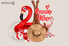 This illustration features a bold red flamingo float, relaxing legs, a straw hat, cocktail drink, and beach accessories, creating a vibrant and playful summer aesthetic.