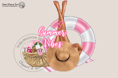 elegant legs resting on a pink float, a straw hat, beach bag, fan, and summer essentials, creating a soft and feminine aesthetic ideal for lifestyle and vacation designs.
