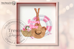 elegant legs resting on a pink float, a straw hat, beach bag, fan, and summer essentials, creating a soft and feminine aesthetic ideal for lifestyle and vacation designs.