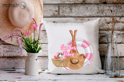 elegant legs resting on a pink float, a straw hat, beach bag, fan, and summer essentials, creating a soft and feminine aesthetic ideal for lifestyle and vacation designs.