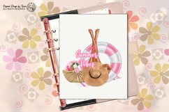 elegant legs resting on a pink float, a straw hat, beach bag, fan, and summer essentials, creating a soft and feminine aesthetic ideal for lifestyle and vacation designs.