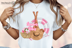 elegant legs resting on a pink float, a straw hat, beach bag, fan, and summer essentials, creating a soft and feminine aesthetic ideal for lifestyle and vacation designs.