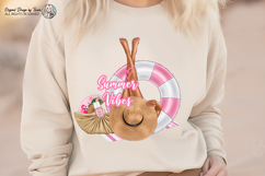 elegant legs resting on a pink float, a straw hat, beach bag, fan, and summer essentials, creating a soft and feminine aesthetic ideal for lifestyle and vacation designs.