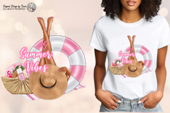 elegant legs resting on a pink float, a straw hat, beach bag, fan, and summer essentials, creating a soft and feminine aesthetic ideal for lifestyle and vacation designs.