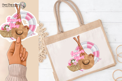 elegant legs resting on a pink float, a straw hat, beach bag, fan, and summer essentials, creating a soft and feminine aesthetic ideal for lifestyle and vacation designs.