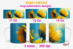 Realistic sunflower mug wrap design  is presented in 3 sizes: 11 Oz, 12 Oz, 15 Oz.