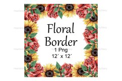 Watercolor floral frame border with sunflower and red rose