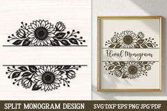 Sunflower split monogram SVG design with floral borders and blank line for custom text, displayed as framed wall art, ideal for Cricut, Silhouette, and laser engraving personalized name signs.