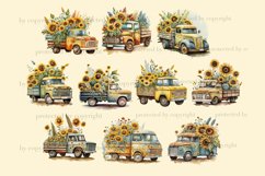 Watercolor clipart retro floral trucks with sunflowers in the trunks. Yellow truck, green and yellow truck. Farmhouse truck with flowers in the trunk. Trucks side view, front view, back view.