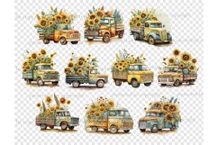 Watercolor clipart retro floral trucks with sunflowers in the trunks. Yellow truck, green and yellow truck. Farmhouse truck with flowers in the trunk. Trucks side view, front view, back view.