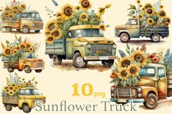 Watercolor clipart retro floral trucks with sunflowers in the trunks. Yellow truck, green and yellow truck. Farmhouse truck with flowers in the trunk. Trucks side view, front view, back view.