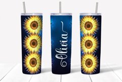 Personalized sunflower tumbler sublimation design with glowing yellow sunflowers and place for text on dark blue background. Straight and tapered walls 20 oz skinny tumbler full wrap png files for download. 