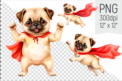 Superhero Pug Puppy. Perfect for kids party invitations, nursery wall art, greeting cards, educational materials, or creative craft projects