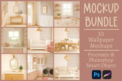Wallpaper mockup bundle with wallpaper for 10 different room. Designed for surface patterns.  Photoshop and Procreate file types.