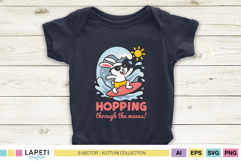 Navy bodysuit mockup showing a surfing bunny riding a wave with the quote “Hopping through the waves!”.
