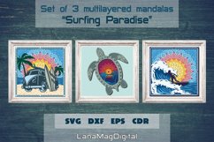 Surfing Paradise -- Set of 3 layered designs of mandalas with Beach sunrise, Palm trees, Vintage surf van and surfboards / Sea turtle with Sunset on the Beach / Surfer on the waves. These designs are made for any compatible cutting machines