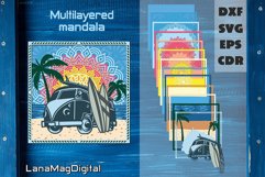 Surfing Paradise -- Set of 3 layered designs of mandalas with Beach sunrise, Palm trees, Vintage surf van and surfboards / Sea turtle with Sunset on the Beach / Surfer on the waves. These designs are made for any compatible cutting machines