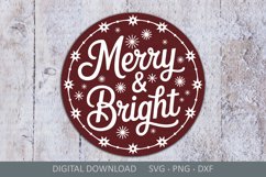 Merry and Bright SVG sign, Christmas round door hanger SVG Product Image 1