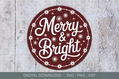 Merry and Bright SVG sign, Christmas round door hanger SVG Product Image 1