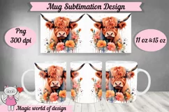Bull in flowers Mug Sublimation Template PNG 11oz & 15oz Product Image 1