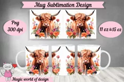 Bull in flowers Mug Sublimation Template PNG 11oz & 15oz Product Image 1