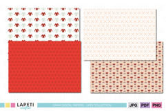 Christmas digital paper collection with festive sweaters, red geometric pattern, hot cocoa cups, and warm neutral backgrounds.