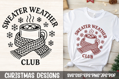 Sweater Weather Club—cozy line-art mug with marshmallows and scarf, winter SVG for shirts, bags, mugs, stickers, and cutting.