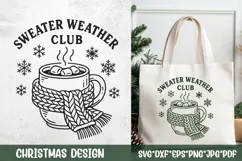 “Sweater Weather Club” line‑art design—steaming cocoa mug wrapped in scarf with snowflakes, SVG set for cutters and engraving.