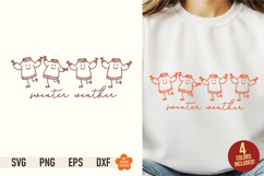 Sweater Weather line art SVG PNG design with dancing doodle outline sweaters on a white sweatshirt mockup