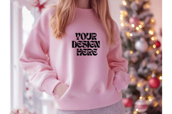 Christmas Pink Sweatshirt Model Mockup Gildan18000 Oversize Product Image 1