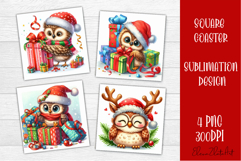 Funny christmas owl square coasters, Animals sublimation Product Image 1