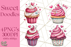 Whimsical Valentine Cupcake Doodle Clipart Cute PNG, Love Product Image 1