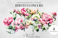 Birth Month Flowers Clipart, April Sweet Pea PNG. Product Image 1