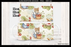 Cottagecore mug wrap featuring mice in pastel outfits surrounded by strawberries and greenery