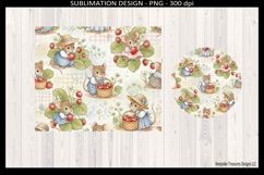 Seamless strawberry garden pattern with mice carrying baskets of strawberries