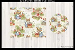 Seamless strawberry garden pattern with mice carrying baskets of strawberries