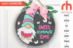 sweet summertime svg, gnome watermelon svg, welcome hanger svg, summer circle dxf, seasonal door svg, round hanging sign svg, laser cut file, layered sign svg, glowforge cut file, cricut cut file, gnome hanger svg, porch sign svg, front sign svg