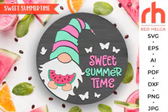 sweet summertime svg, gnome watermelon svg, welcome hanger svg, summer circle dxf, seasonal door svg, round hanging sign svg, laser cut file, layered sign svg, glowforge cut file, cricut cut file, gnome hanger svg, porch sign svg, front sign svg