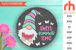 sweet summertime svg, gnome watermelon svg, welcome hanger svg, summer circle dxf, seasonal door svg, round hanging sign svg, laser cut file, layered sign svg, glowforge cut file, cricut cut file, gnome hanger svg, porch sign svg, front sign svg