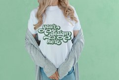White t-shirt woman model mockup on green background Product Image 1