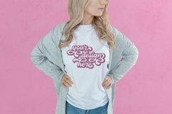 White t-shirt woman model mockup on pink background Product Image 1