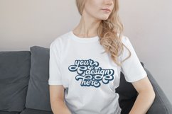 White t-shirt woman model mockup on neutral background Product Image 1