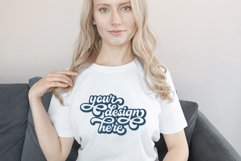 White t-shirt woman model mockup on neutral background Product Image 1