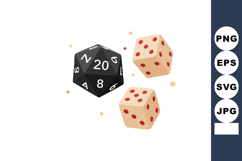 Black twenty-sided die with two beige six-sided dice and red Product Image 1
