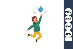Boy jumping happily throwing blue book in air wearing green Product Image 1